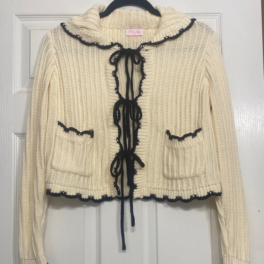 Pink Lily Cream Cardigan with Black Accents